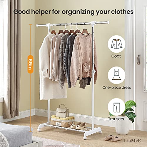 LiaMeE Adjustable Clothing Rack for Hanging Clothes, Heavy Duty Garment Rack with Wheels，Free Standing Rolling Clothes Rack with Shelf & Grid, Easy Assembly Standard Rod, White & Chrome - color: White