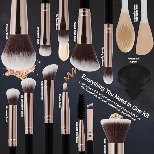Black Makeup Brushes Set 14 Pcs Professional, Premium Synthetic Foundation Makeup Brush Concealer Powder Blush Eyeshadow Brushes with 2 Powder Puff & Dual-ended Mask Applicator.Gifts for Girls - color: black