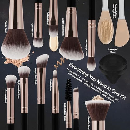 Black Makeup Brushes Set 14 Pcs Professional, Premium Synthetic Foundation Makeup Brush Concealer Powder Blush Eyeshadow Brushes with 2 Powder Puff & Dual-ended Mask Applicator.Gifts for Girls - color: black