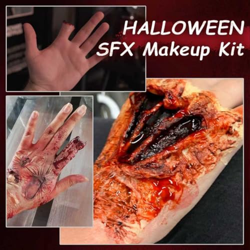 SFX Makeup Kit Scars Wax, Fake Blood Spray, Professional Scar Wax&Blood Effects Set with Coagulated Blood Gel&Spray, Metal Spatula, Sealer & Black Sponge for Realistic Halloween Zombie, Vampire Wound - color: SFX Makeup Kit 6PCS