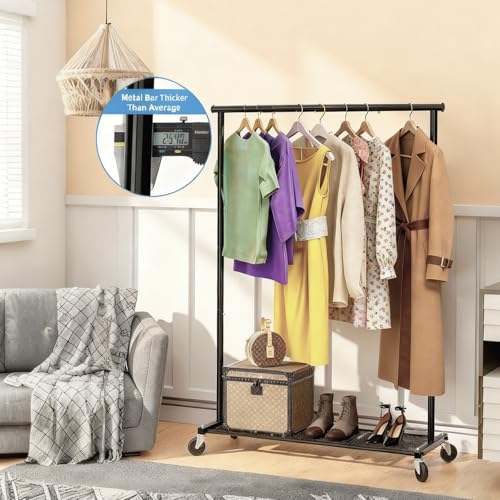 Ekisemio Clothes Rack for Hanging Clothes, 64.25 Inch Clothing Racks with Wheels, Portable Rolling Clothes Garment Rack for Bedroom, Laundry, Living Room, Black - style: Modern