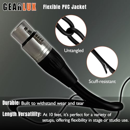 Gearlux XLR Microphone Cable, Fully Balanced, Male to Female, 10 Feet - 3 Pack - size: 10 Ft, style: 3 Pack