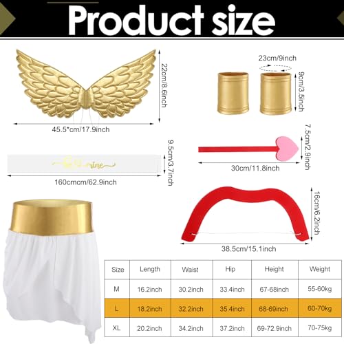 Cozypower 7 Pcs Halloween Cupid Costume Adult Wings Arrow Sash | Include Wings Arrow Bow Wrist Cuffs Body Sash Kilt for Halloween Dress Up - color: Gold, size: X-Large