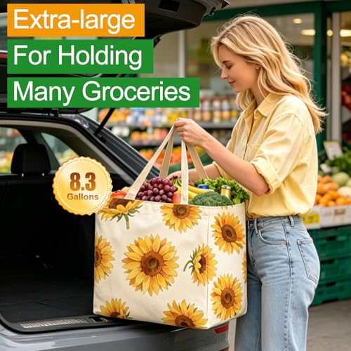 Aesthetic Canvas Reusable Grocery Bags Heavy Duty, 8.3 gal Foldable Large Tote Bag with Handles, Holds 60 lbs & Washable Eco-friendly Bags with 5 Pockets, Beige with a print 1 Bags - color: [A4] Sunflower, size: 1 Pack