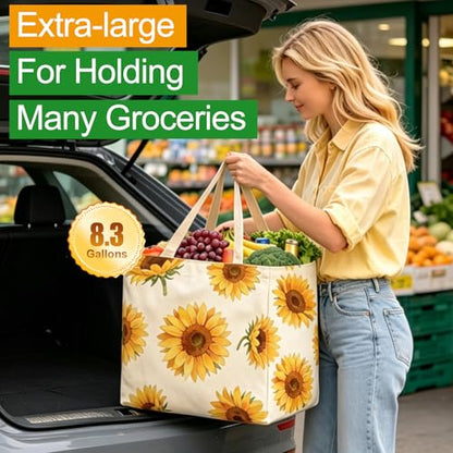 Aesthetic Canvas Reusable Grocery Bags Heavy Duty, 8.3 gal Foldable Large Tote Bag with Handles, Holds 60 lbs & Washable Eco-friendly Bags with 5 Pockets, Beige with a print 1 Bags - color: [A4] Sunflower, size: 1 Pack