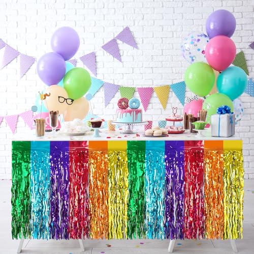 2 Pack 29.5x108 Inch Foil Tinsel Fringe Table Skirts, Disposable Table Skirts for Rectangle Tables Curtains Backdrop Parade Wedding Floats Baby Shower Party (Rainbow Colors) - color: Rainbow Colors
