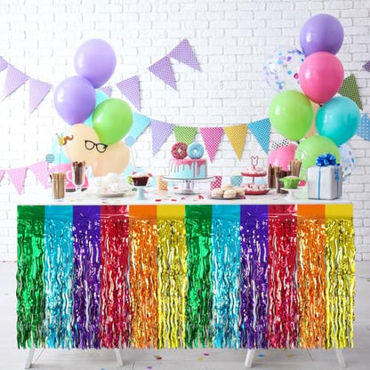 2 Pack 29.5x108 Inch Foil Tinsel Fringe Table Skirts, Disposable Table Skirts for Rectangle Tables Curtains Backdrop Parade Wedding Floats Baby Shower Party (Rainbow Colors) - color: Rainbow Colors