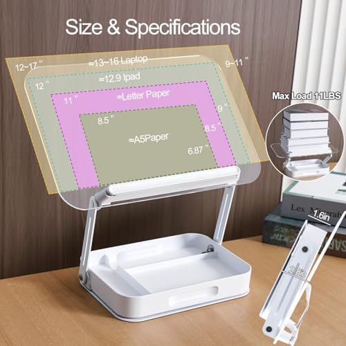 ZOEY Acrylic Book Stand for Reading Adjustable Book Holder with 360 Rotating Base and Storage Foldable Desktop Riser Stand for Cookbook Laptop Tablet Textbook Music Score with Page Clip 13.4x9.3x2.8in - color: Alloy, size: Large