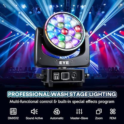 Zoom Moving Head DJ Light 19x25W RGBW Bee Eye LED Stage Lights Beam Wash Halo 8000K DMX 512/Sound/RDM Professional DJ Lighting for Party Live Show Wedding
