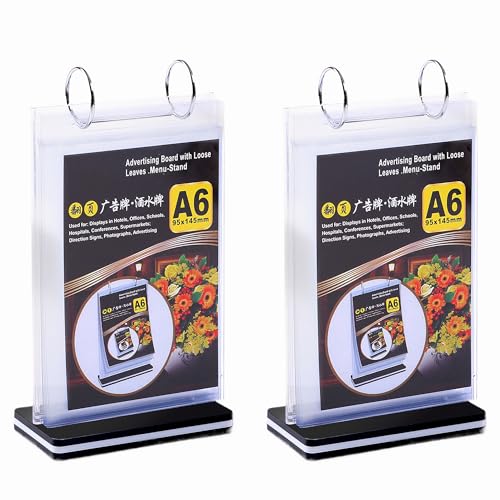 2Pcs Table Flip Menu Holder with 6 Pages Sleeve, 4" X 6" Tabletop Sign Signage Vertical Display Stand with Base, Acrylic PVC Rotating Poster Binders Rack, for Photo, Restaurant, Bar, Job Fair