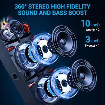 Portable Wireless Party Bluetooth Speaker with Dual 10" Woofers | 80W Rechargeable PA System with Bass/Treble, Wired Microphone, Flashing Light, TWS, FM, REC, Telescopic Pull Rod, Wheels - size: Dual 10'' Woofers
