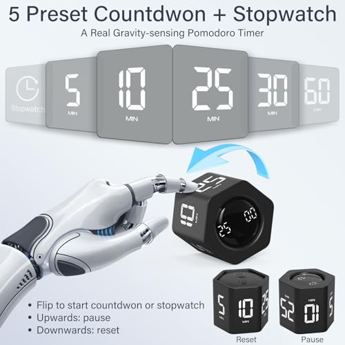 Rotating Productivity Timer 5, 25, 10 30,60 Mins Preset Stopwatch, Desk Flip ProductivityTimer, ADHD Tool Hexagon, Vibration/Mute/Alarm, for Work, Study, Back to School, Kitchen, Black - color: Black