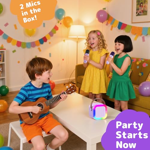 Karaoke Machine for Kids Adults, Mini Karaoke Machine with 2 Wireless Microphones, Portable Bluetooth Speaker with Voice Changing Effects & LED Lights, Best Gifts Toys for Girls and Boys - color: Purple