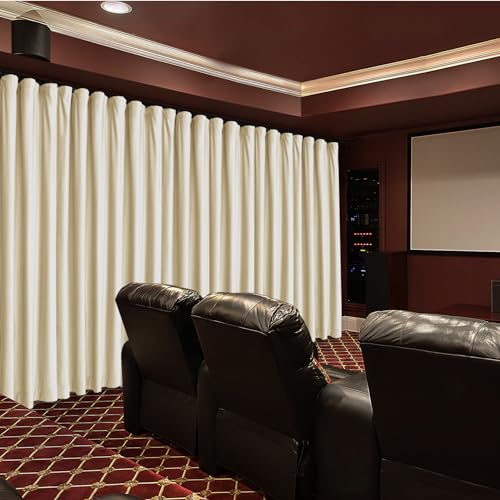Fcosie Home Theater Curtains Flat Hooks, Extra Wide Velvet Drapes, Blackout Room Darkening Thermal Insulated Drapery for Home Moive Theater Room, 1 PC, 100W x96 L, Beige White, 130gsm White Liner - color: Beige White (#56) + 130gsm White Liner, size: 100"