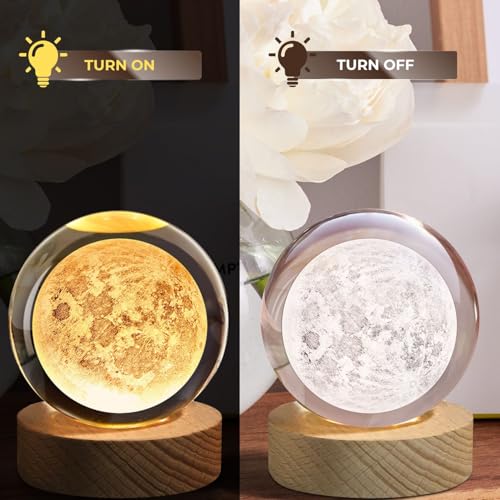 Flexzion 3D Moon Crystal Ball Lamp, 3.15 inch (80mm), USB Night Light | Moon Lamp with Solid Beech Wood Base and Adjustable Brightness for Bedrooms, Nightstands, Desks, Shelves and Room Decor - size: 3.15 inch (80mm), style: Moon