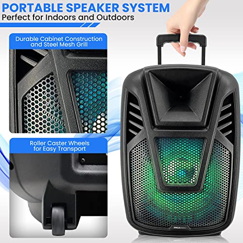 Pyle 15” Portable Bluetooth PA Speaker System - 800W Wireless Rechargeable Loudspeaker with LED Party Lights, Rolling Wheels, Built-in Amp, & Remote Control - Indoor/Outdoor Karaoke Machine (Black) - size: 15 inches