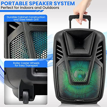 Pyle 15” Portable Bluetooth PA Speaker System - 800W Wireless Rechargeable Loudspeaker with LED Party Lights, Rolling Wheels, Built-in Amp, & Remote Control - Indoor/Outdoor Karaoke Machine (Black) - size: 15 inches