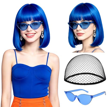 Short Bob Straight Hair Wigs with Bangs, Heat Resistant Fiber Hair, Cat Eye Glasses for Women (Blue) - color: Blue