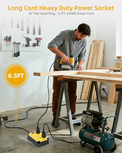 12AC Magnetic Heavy Duty Power Strip, 6.5 FT Extension Cord Surge Protector | PAEWOK 15 Amps/1200 Joules, 4 USB Ports (2 USB-C), Power Strip for Industrial Shop Garage, Yellow - style: 12AC+USB