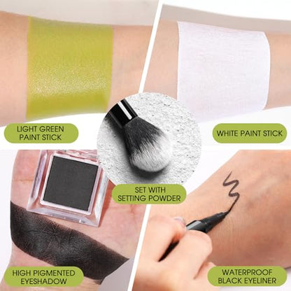 BOBISUKA Light Green & White Face Body Paint Stick Kit with Black Eyeshadow, Black Liquid Eyeliner, Setting Powder & 2 Sponges – Halloween Cosplay Makeup Set for Witch, Beetle Juice, Monster, Goblin - color: Light Green & White Painting Stick Set