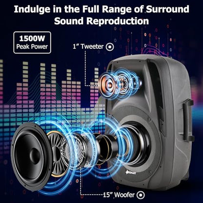 GOFLAME Portable 15" PA Speaker System Set, 1500W Powered 2-Way TWS Bluetooth DJ Party Speaker with Stand, Illuminating Light, USB/SD Card Reader, Microphone