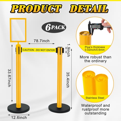 Therwen 6 Pack Heavy Duty Crowd Control Stanchions 9.8 ft Stainless Steel Stanchion Set with 6 Safety Barrier Post Retractable Belt and 1 Sign Holder Crowd Control Barrier(Caution Belt,Yellow) - color: Yellow, size: Caution Belt