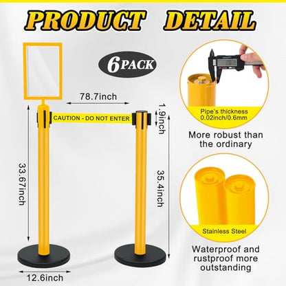 Therwen 6 Pack Heavy Duty Crowd Control Stanchions 9.8 ft Stainless Steel Stanchion Set with 6 Safety Barrier Post Retractable Belt and 1 Sign Holder Crowd Control Barrier(Caution Belt,Yellow) - color: Yellow, size: Caution Belt