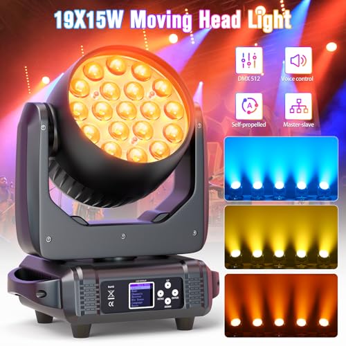 Moving Head Lights 19x15W RGBW 4-in-1 LED Stage Light with Zoom Beam Wash Effect by Sound Activated Auto DMX Control for Wedding DJ Disco Parties Nightclub Show Bar (4 Packs)