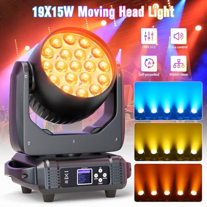 Moving Head Lights 19x15W RGBW 4-in-1 LED Stage Light with Zoom Beam Wash Effect by Sound Activated Auto DMX Control for Wedding DJ Disco Parties Nightclub Show Bar (4 Packs)
