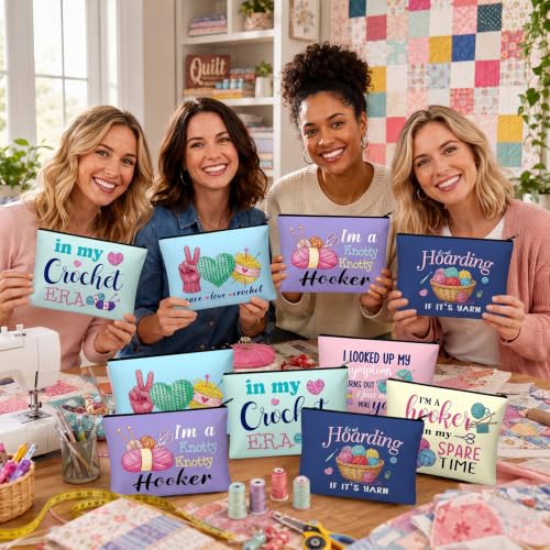 Reginary 12 Pcs Funny Crocheting Gifts for Crocheter Crochet Makeup Bags | Crochet Knitting Gifts, Crochet Accessories Cosmetic Bag, Travel Zipper Pouch, Christmas Friendship Birthday Gifts for Women - style: Crochet