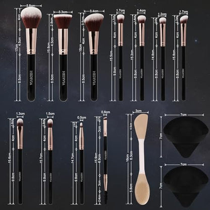 Black Makeup Brushes Set 14 Pcs Professional, Premium Synthetic Foundation Makeup Brush Concealer Powder Blush Eyeshadow Brushes with 2 Powder Puff & Dual-ended Mask Applicator.Gifts for Girls - color: black