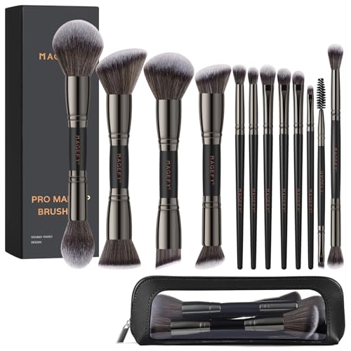 MAGEFY Makeup Brushes 12Pcs with Bag, Double-End Multi-functional for Foundation Powder Blush Eyeliner Eyeshadows brushes with Gift Box,Black - color: Black