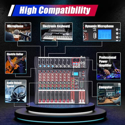 Pro 8 Channel Bluetooth Studio Audio Mixer Live Sound Mixing Console with USB