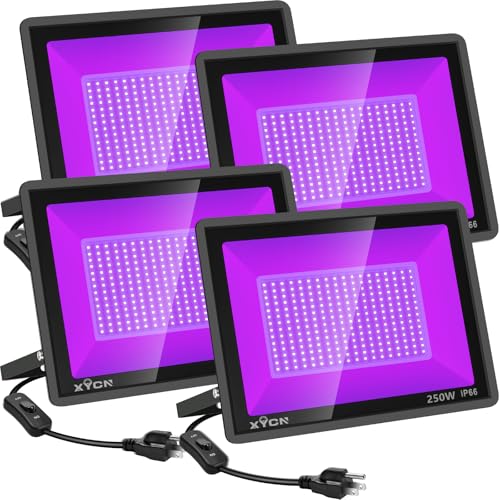 XYCN 4 Pack 250W LED Flood Black Lights,395nm to 405nm UV Outdoor Flood High Power Blacklight Light with Plug in, IP66 Waterproof Large Black Light Spotlight for Glow Party Large Space, Halloween - color: 4pack 250w Led Black Light