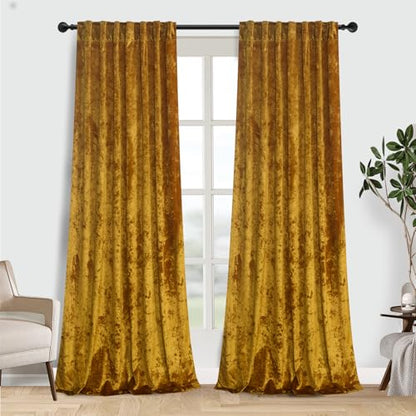 Warm Gold Velvet Curtains 2 Panel Set - 96 inches Long Drapes Room Darkening Luxury Distressed Crushed Draperies Rod Pocket Window Drapery for Living Room Bedroom 52" W x 96" L - color: Warm Gold, size: 52"W x 96"L (Pack of 2)