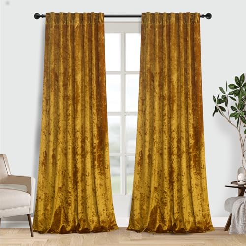 Lux Warm Gold Crushed Velvet Curtains 2 Panel Set - 108 inches Long Room Darkening Luxury Distressed Velvet Rod Pocket Window Drapes for Living Room Bedroom 52" W x 108" L - color: Warm Gold, size: 52"W x 108"L (Pack of 2)