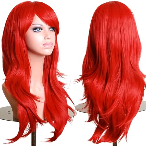 PORSMEER Crimson Red Wigs for Women Synthetic Fiber Wig Heat Resistant Replacement Wig for Cosplay Halloween - color: Crimson Red