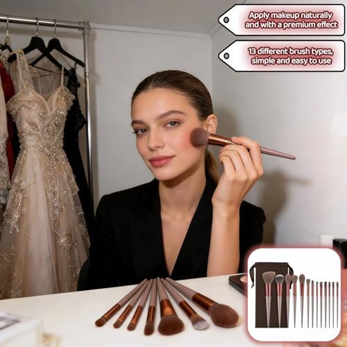 Makeup Brush Set, 13 Piece Professional Cosmetic Brushes with Pouch, Synthetic Bristles, Hypoallergenic for Face and Eye Application, Face & Eye Brush Set for Beginners to Pros (Brown) - color: Brown