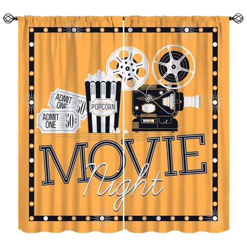 Vintage Movie Theater Curtains 70s Retro Movie Camera Film Popcorn 90s Blackout Window Treatment for Home Theater Living Room Bedroom Cafe Decor Window Drapes 42" W X 45" L - color: Style-3, size: 21"W x 45"L (Pack of 2)