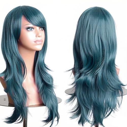 PORSMEER 70 cm/28 inches Long Natural Wavy Wig, Heat Resistant Synthetic Hair for Cosplay Halloween Costume Party (Ash Blue) - color: Ash Blue