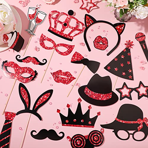 Zonon 24 Pcs Photo Booth Props Set Black Gold Birthday,Red and Black | Props on Sticks for Wedding, Reunion, Prom, Includes Mustache, Hats, Glasses, Ties, Lips, Crowns, Fun Party Accessories - color: Red and Black
