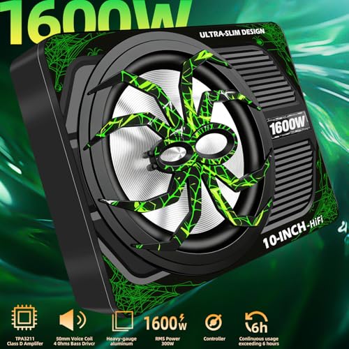 Upgraded 1600W Car Subwoofer, 10" Ultra-Thin Under-Seat Sub with Built-in Amplifier, (LPF/Gain/Bass Boost) LED Ambient Lights, Independent Bass Knob, Distortion-Free Deep Bass（Green） - color: Green ZZA