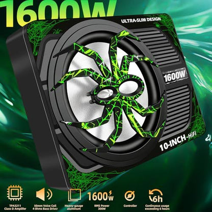 Upgraded 1600W Car Subwoofer, 10" Ultra-Thin Under-Seat Sub with Built-in Amplifier, (LPF/Gain/Bass Boost) LED Ambient Lights, Independent Bass Knob, Distortion-Free Deep Bass（Green） - color: Green ZZA