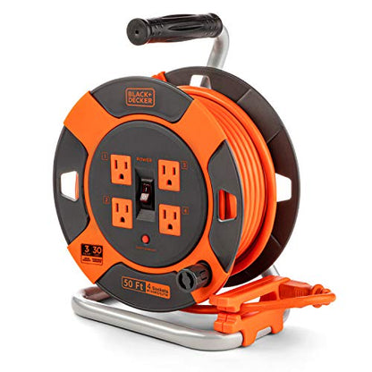BLACK+DECKER 50 Ft. Retractable Extension Cord Reel, 4 Outlets | 14 AWG SJTW cable, easy handle rewind, multi-plug design, heavy-duty build - size: 50-Feet