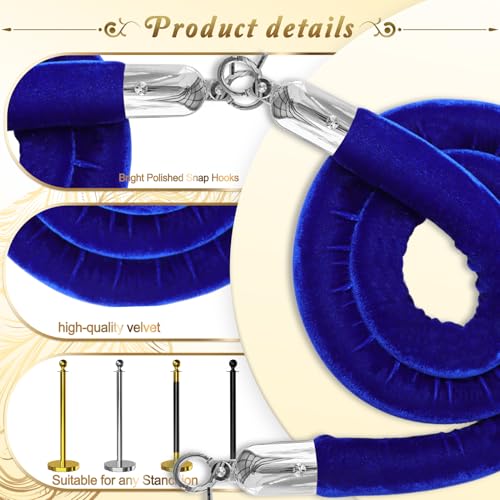 4PCS Blue Velvet Stanchion Rope 5 Ft Crowd Control Ropes Barrier with Silver Hooks for Party - color: Blue&Silver, size: 4PCS
