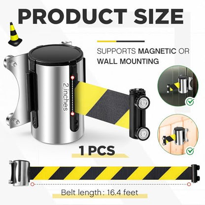 1 Pcs 16.4ft Magnetic Wall Mount Retractable Belt Barrier Wall Barrier Tape Crowd Control Safety Belt with Steel Case for Grocery Airports Banks School Retail Store Restaurant, Yellow Black