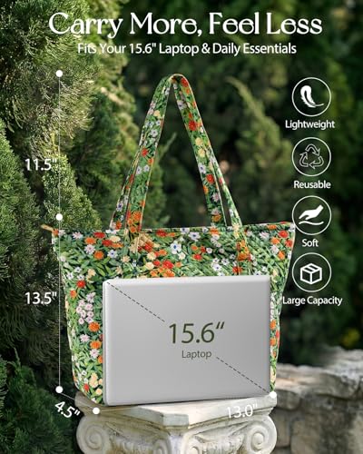 Miss Adola Quilted Shoulder Tote Bag with Zipper for Women | Multi-Pocket Storage, Quilted Cotton Texture, Large Capacity, Top Zipper Closure, 16 Inch Laptop Fit, Work Travel Teacher - color: Cats in Garden