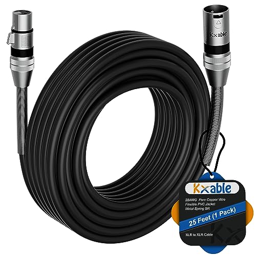 Kxable XLR Microphone Cable 25FT, XLR Male to Female Balanced Mic Cable, 3-Pin Shielded Speaker Cord, Zinc Alloy Connectors, Premium 22AWG Pure Copper, Metal Spring SR, Recording Studio, Podcast