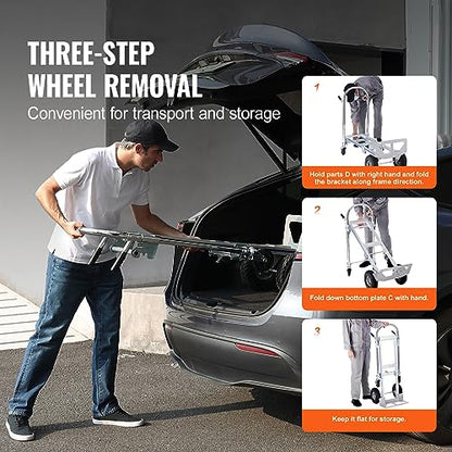 VEVOR Aluminum Truck, 2 in 1, 800 lbs Load Capacity, Heavy Duty Industrial Convertible Folding Hand Truck and Dolly, Utility Cart Converts from Hand Truck to Platform Cart with Rubber Wheels | 2 in 1 Aluminum Truck with Rubber Wheels, Utility Cart Convert