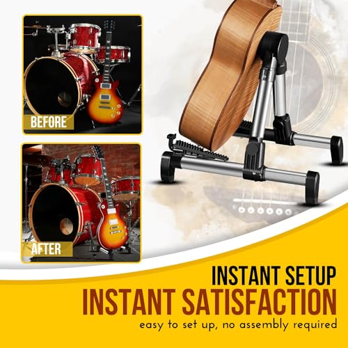 Flexzion Guitar Stand Folding Adjustable A-Frame Floor Portable Instrument Stand Rack Holder for Acoustic Electric Classical Guitar and Bass, Violin, Ukulele, Banjo, Mandolin Portable Lightweight | Portable Aluminum-Alloy Frame Weighs Less Than 1 Lb and F
